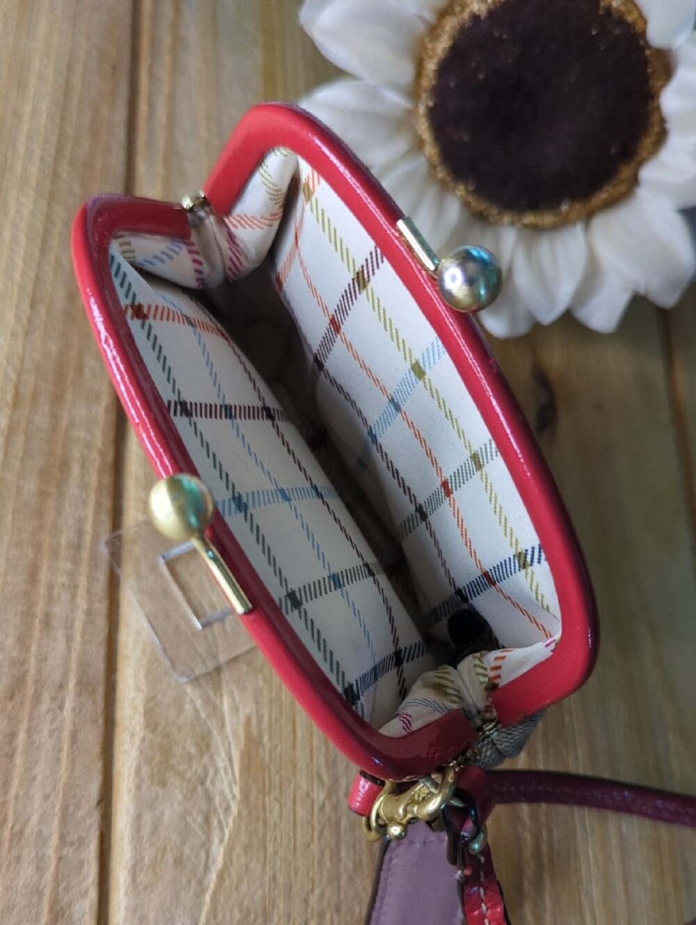 Coach Signature Canvas Kisslock Wristlet- Pink Patent Trim & Tattersall Interior - Picture 3 of 8